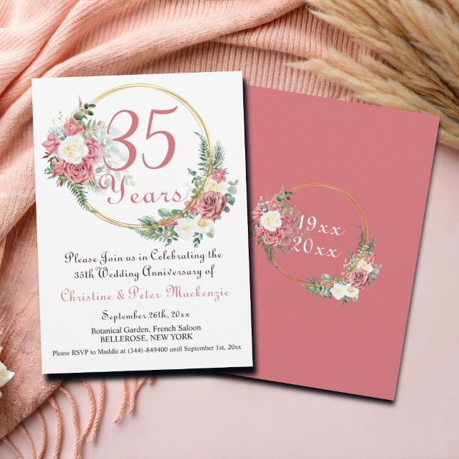35th Coral Wedding Anniversary Roses Gold Frame Invitation (Creator Uploaded)