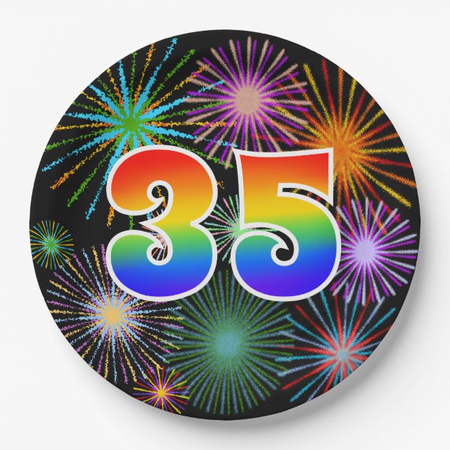 35th Event - Fun, Colourful, Bold, Rainbow 35 Paper Plate (Front)