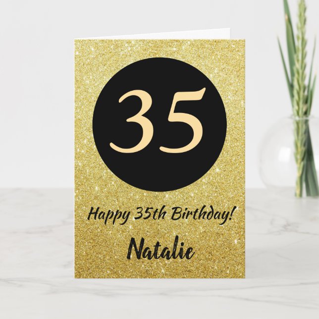 35th Happy Birthday Black and Gold Glitter Card (Front)