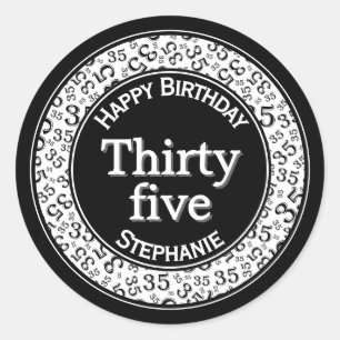 35th Happy Birthday Number Pattern Black/White Classic Round Sticker