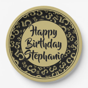 35th Party Random Number Pattern Black/Gold Paper Plate