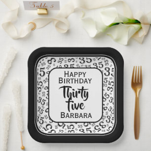 35th Party Random Number Pattern Black/White Paper Plate