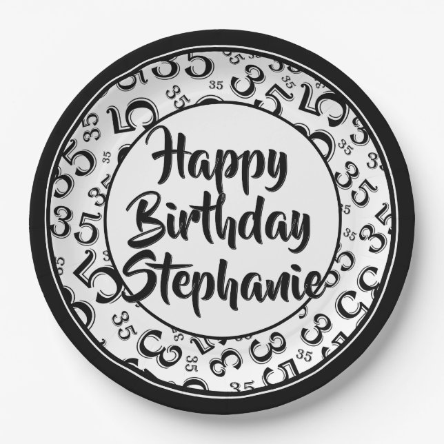 35th Party Random Number Pattern Black/White Paper Plate (Front)