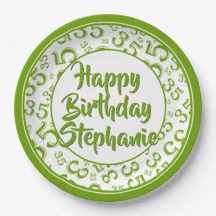 35th Party Random Number Pattern Green/White Paper Plate