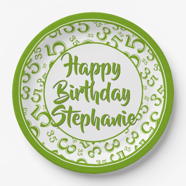 35th Party Random Number Pattern Green/White Paper Plate (Front)