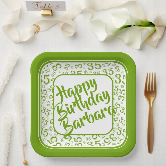 35th Party Random Number Pattern Green/White Paper Plate (Wedding)