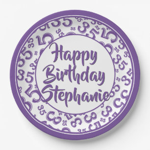 35th Party Random Number Pattern Purple/White Paper Plate