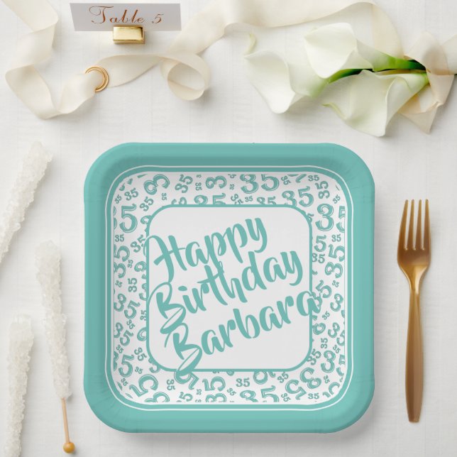 35th Party Random Number Pattern Teal/White Paper Plate (Wedding)