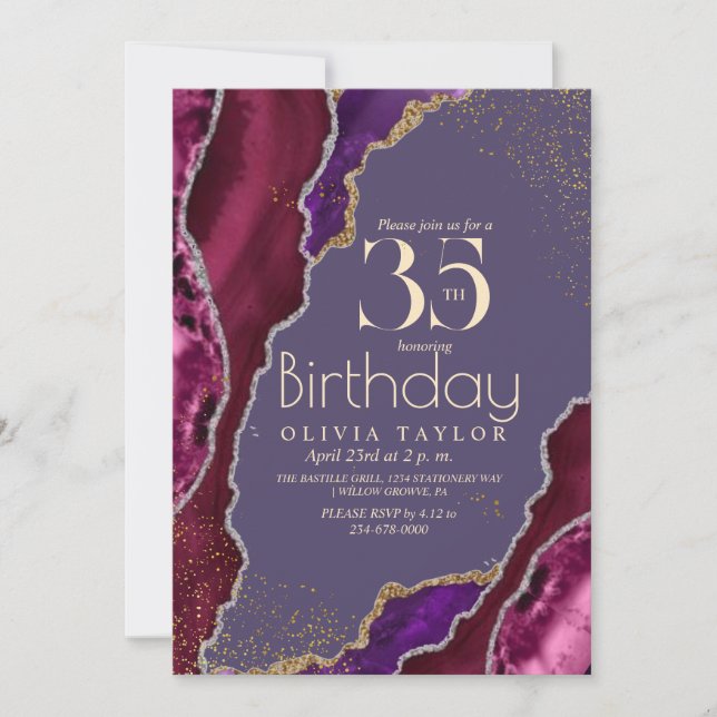  35th Spark Pink gold Agate Birthday Women Party Invitation (Front)