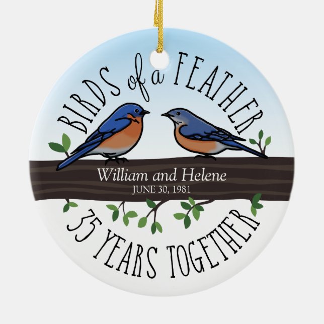 35th Wedding Anniversary, Bluebirds of a Feather Ceramic Tree Decoration (Back)