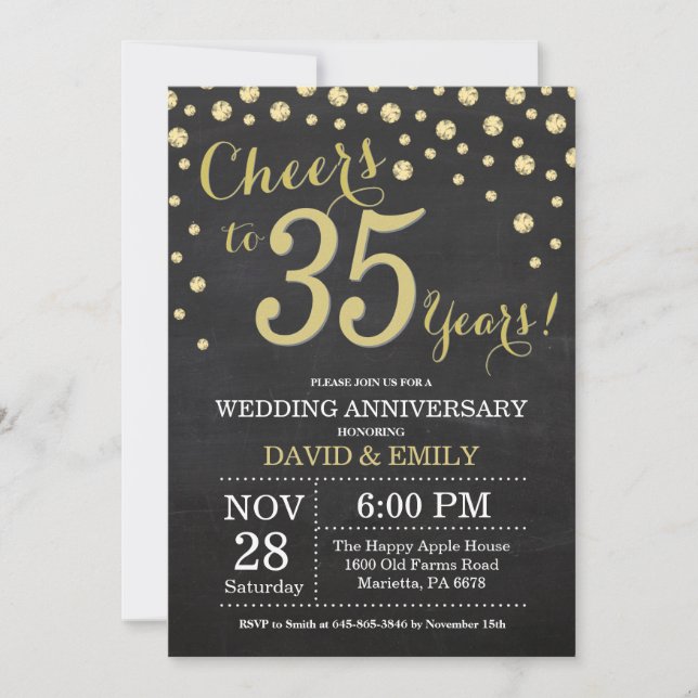 35th Wedding Anniversary Chalkboard Black and Gold Invitation (Front)
