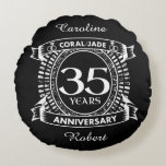 35th wedding anniversary Coral Jade crest Round Cushion<br><div class="desc">A romantic design to celebrate your 35th year of marriage. If you would like any help customising this design please contact me, their is an ask this designer button, just below this text. This thirty fifth, 35 years wedding anniversary crest has the text coral / jade as that is the...</div>