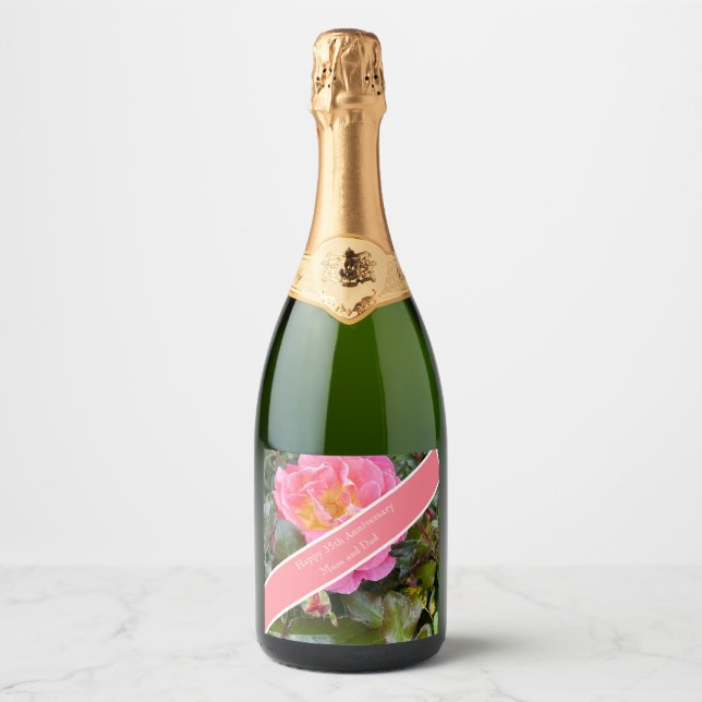 35th Wedding Anniversary Coral Rose Sparkling Wine Label (Front)
