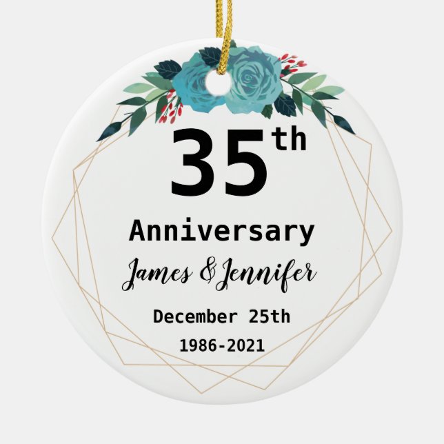 35th Wedding Anniversary Custom Names and Year Ceramic Tree Decoration (Front)