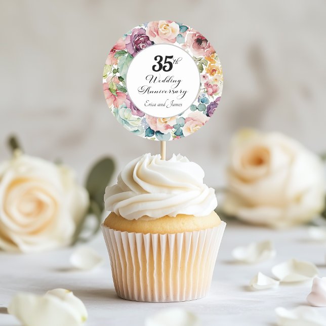 35th Wedding Anniversary Elegant Script Floral Classic Round Sticker (Creator Uploaded)