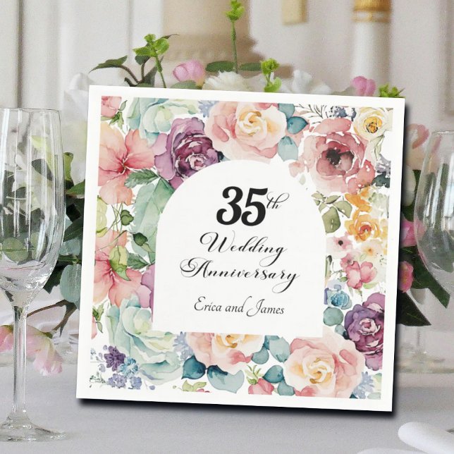 35th Wedding Anniversary Elegant Script Floral Napkin (Creator Uploaded)