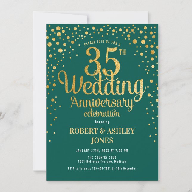 35th Wedding Anniversary - Emerald Green & Gold Invitation (Front)