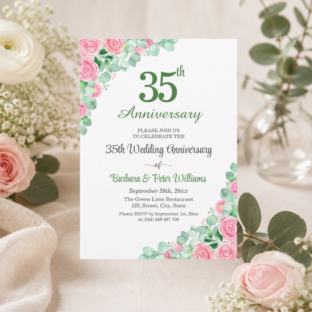 35th Wedding Anniversary Eucalyptus Roses Invitation (Creator Uploaded)