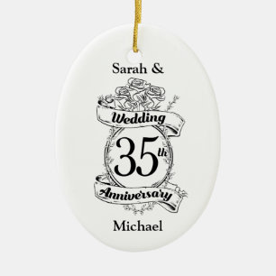 35th Wedding Anniversary Flowers black and white Ceramic Tree Decoration
