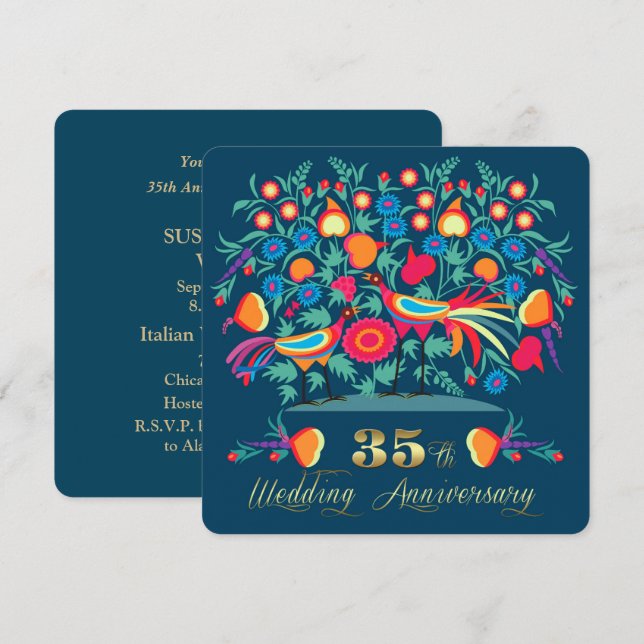 35th Wedding Anniversary Folk Art Invitation (Front/Back)