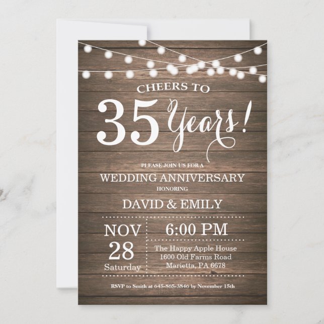 35th Wedding Anniversary Invitation Rustic Wood (Front)