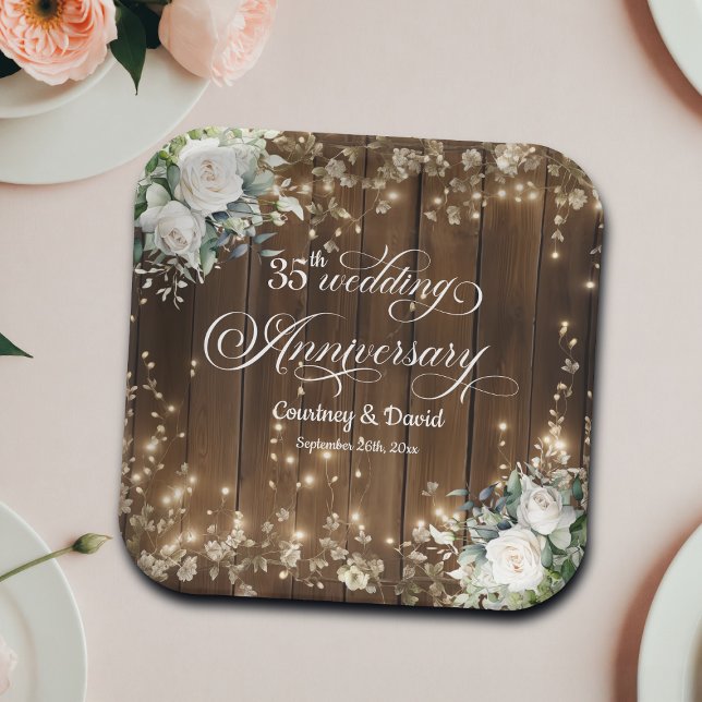 35th Wedding Anniversary Rustic String Lights  Paper Plate (Creator Uploaded)