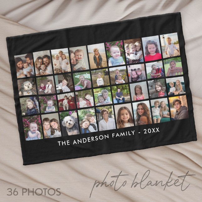 36 Photo Collage - 4 rows 9 columns - black Fleece Blanket (Photo Blanket - Custom Pictures in a Collage)