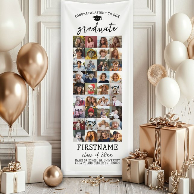 36 Photo Collage Graduation Modern Minimal White Banner (Custom Graduation Banner - Great for a backdrop or Grad Party Decoration)