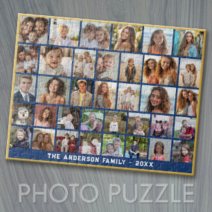 36 Photo Collage - modern grid - blue and gold Jigsaw Puzzle