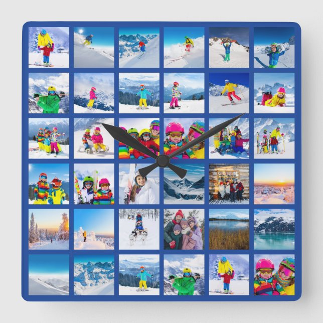 36 Photo Grid Collage Dark Blue Square Wall Clock (Front)