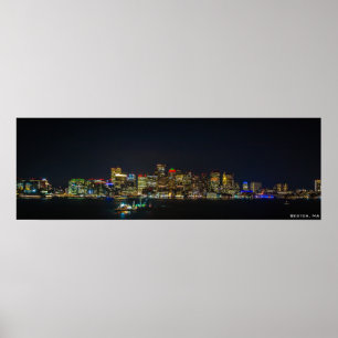 36" x 12", Boston Skyline at Night Poster