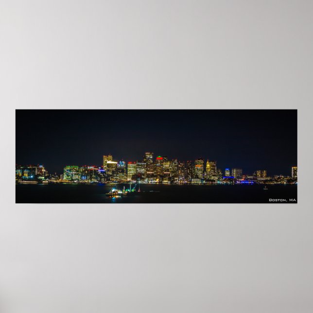 36" x 12", Boston Skyline at Night Poster (Front)