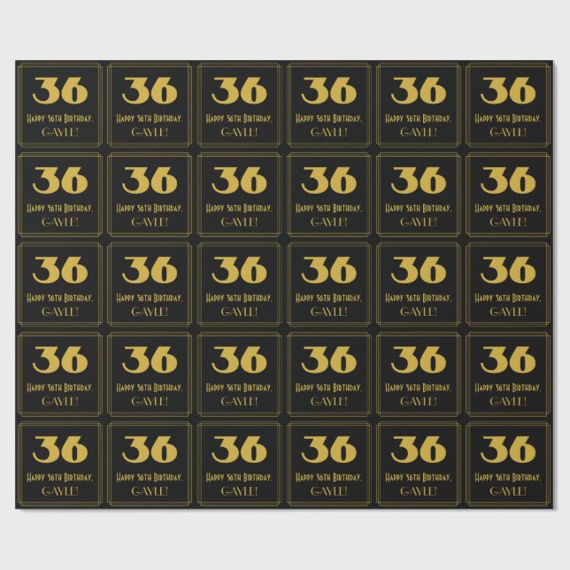 36th Birthday – Art Deco Inspired Look "36" & Name Wrapping Paper (Flat)