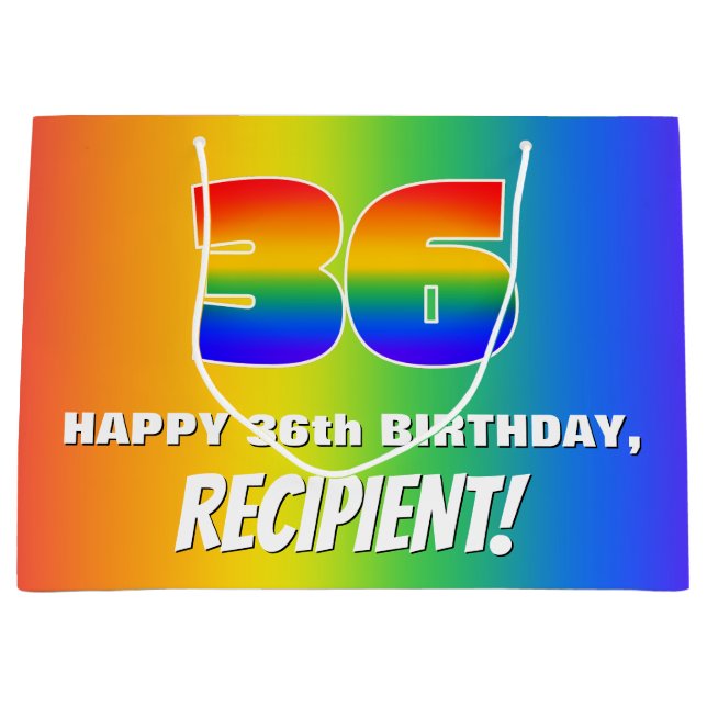 36th Birthday: Colourful, Fun Rainbow Pattern # 36 Large Gift Bag (Front)