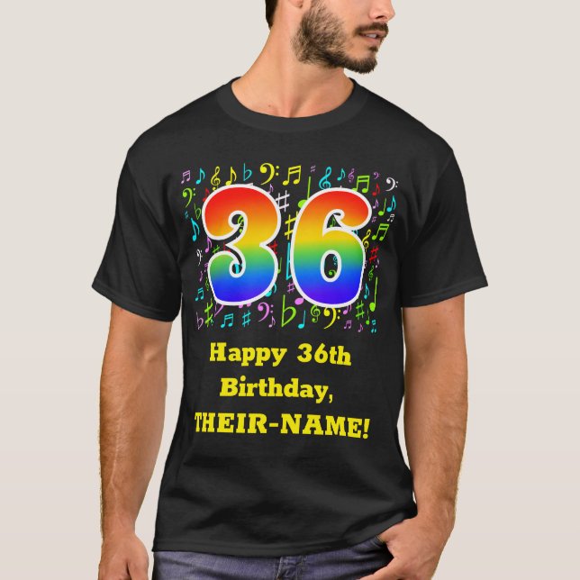 36th Birthday: Colourful Music Symbols, Rainbow 36 T-Shirt (Front)