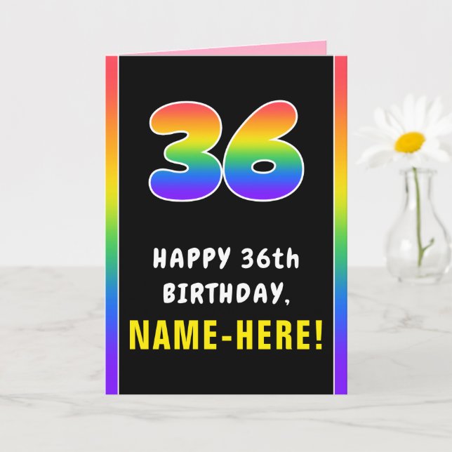 36th Birthday: Colourful Rainbow # 36, Custom Name Card (Small Plant)