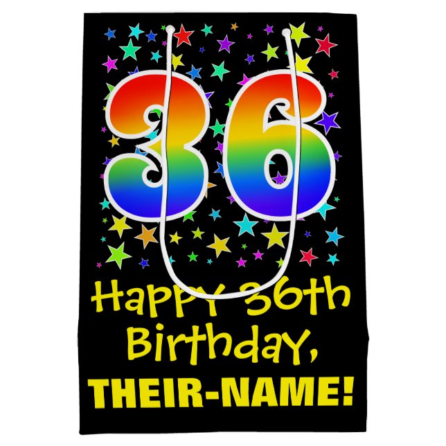36th Birthday: Colourful Stars Pattern & Rainbow 3 Medium Gift Bag (Back)