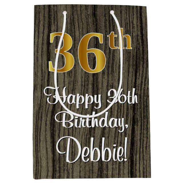 36th Birthday: Elegant Faux Gold Look #, Faux Wood Medium Gift Bag (Front)