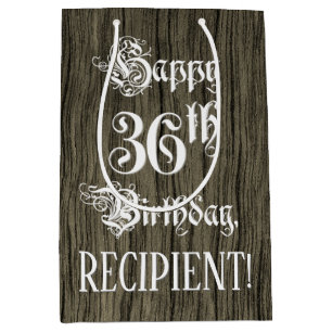 36th Birthday: Fancy, Faux Wood Look + Custom Name Medium Gift Bag