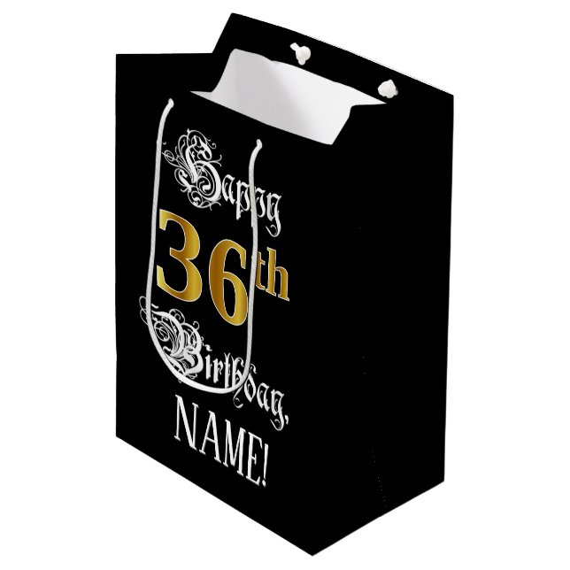 36th Birthday ~ Fancy Script; Faux Gold Look; Name Medium Gift Bag (Front Angled)