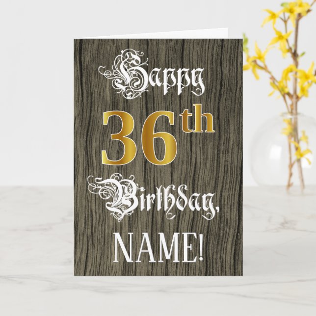 36th Birthday: Faux Gold Look + Faux Wood Pattern Card (Yellow Flower)