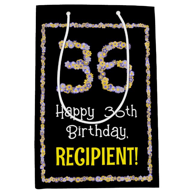 36th Birthday: Floral Flowers Number, Custom Name Medium Gift Bag (Front)