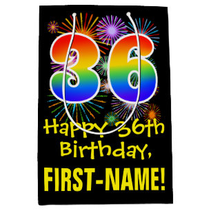 36th Birthday: Fun Fireworks Pattern + Rainbow 36 Medium Gift Bag