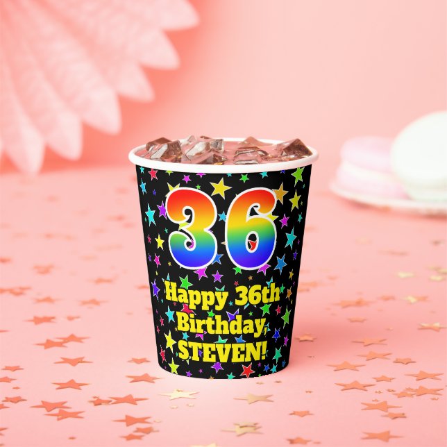 36th Birthday: Fun Stars Pattern and Rainbow 36 Paper Cups (Insitu)