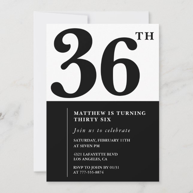 36th birthday invitations Black and White Elegant (Front)