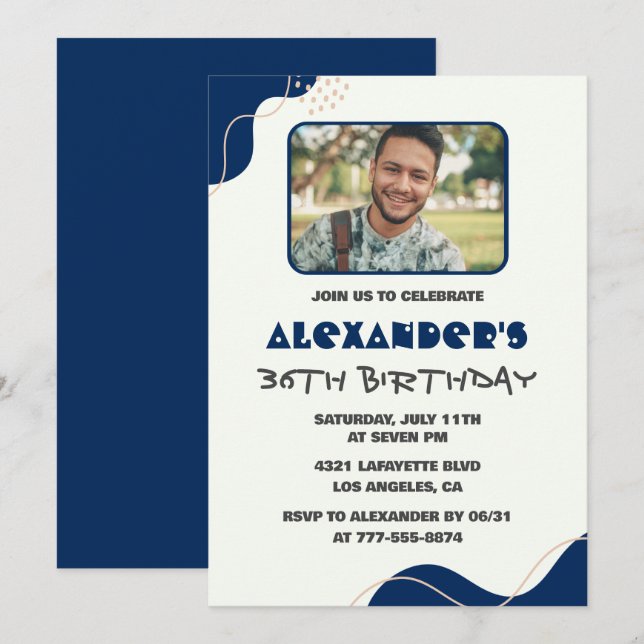 36th birthday invitations Men Navy Simple Photo (Front/Back)