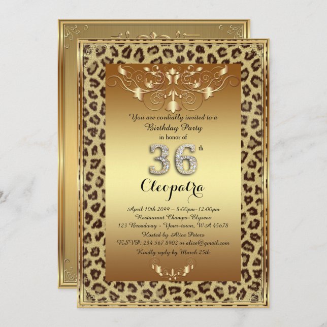 36th, Birthday Party 36th, Royal Cheetah gold plus Invitation (Front/Back)