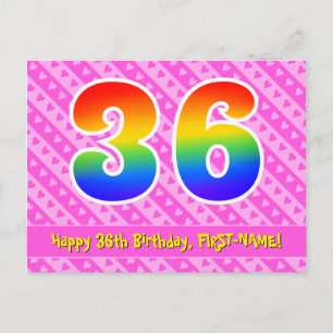 36th Birthday: Pink Stripes & Hearts, Rainbow 36 Postcard