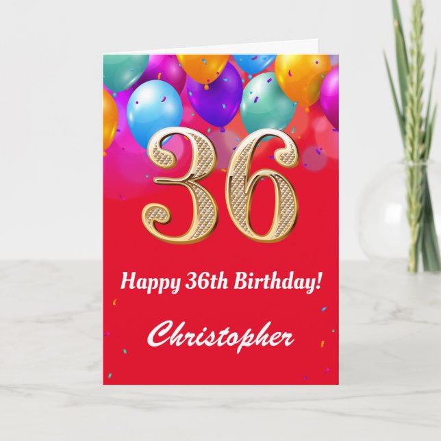 36th Birthday Red and Gold Colourful Balloons Card (Front)
