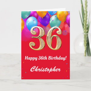 36th Birthday Red and Gold Colourful Balloons Card